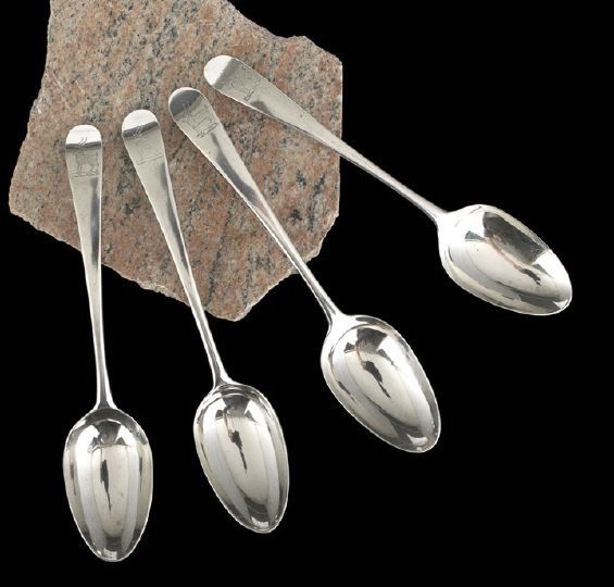 4 George III Hester Bateman Sterling Tablespoons: Set of Four George III Hester Bateman Sterling Silver Tablespoons, hallmarked London, 1784, in the traditional "Old English" pattern, engraved on the handle with the crest of Sachervell (a goat statan