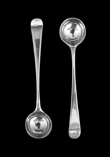 Pair of Hester Bateman Sterling Salt Spoons: Pair of George III Hester Bateman Sterling Silver Slat Spoons, hallmarked London, 1781-1782, in the tradition "Old English" pattern, engraved with a crest of a stag lodged, l. 4-1/8", 0.57 total. t. o