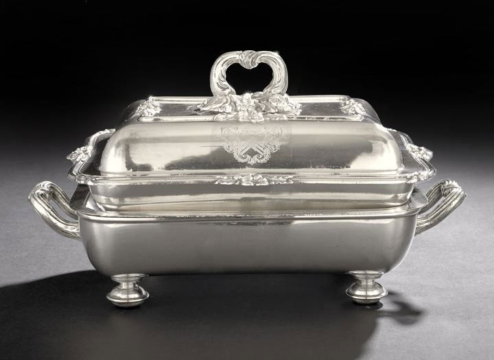 George IV Old Sheffield Plate Entree Dish: George IV Old Sheffield Plate Entree Dish on Stand, second quarter 19th century, by Roberts, Smith & Co., Sheffield, of rounded rectangular form with molded rim quartered by floral motifs, the fitted