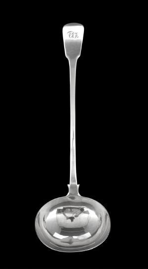 George IV Sterling Silver Punch Ladle: George IV Sterling Silver Punch Ladle, hallmarked London, 1820-1821, by Thomas Wilkes Barker, in the traditional "Fiddle" pattern, mongrammed on the handle "CES", l. 13", 6.62 t. oz.