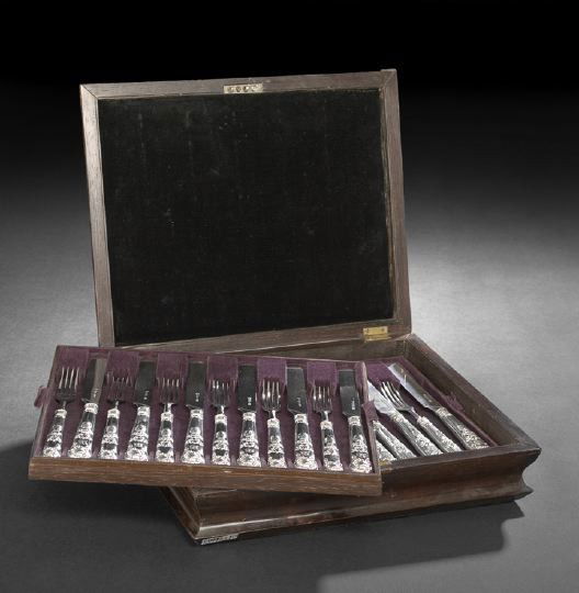 William IV Cased Sterling Silver Dessert Service: William IV Cased Thirty-Six Piece Sterling Silver Dessert Service, hallmarked Sheffield, 1835-1836, by Alexander Hunt, in the traditional "Queen's" pattern, including eighteen forks, l. 6-3/4", and ei