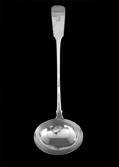 George IV Irish Sterling Silver Punch Ladle: George IV Irish Sterling Silver Punch Ladle, hallmarked Dublin 1822, by Samuel Neville, in the traditional "Fiddle" pattern, with elliptical bowl, engraved on the handle with the crest of Barbour of S