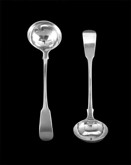 Pair of George IV Scottish Sterling Sauce Ladles: Pair of George IV Scottish Sterling Silver Sauce Ladles, hallmarked Glasgow, 1824-1825, by Philip Grierson, in the traditional "Fiddle" pattern, no crests/monograms, l. 6-1/2", 2.57 total t. oz.