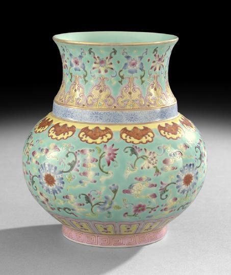 Elaborate Chinese Famille Rose Porcelain Vase: Elaborate Chinese Famille Rose Porcelain Vase, Republic Period (1908-1949), of bulbous body with flared neck rim, the body decorated with flowers on a turquoise ground with a band of bats, the neck de