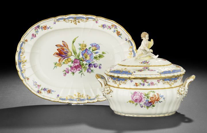 Good KPM Porcelain Tureen and Platter: Good Royal Berlin (KPM) Porcelain Soup Tureen and Matching Platter, third quarter 19th century, in the rococo taste, the domed ribbed cover of the oval covered two-handled tureen with a finial of a se