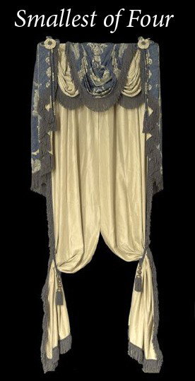 Four Beige Satin Drapery Panels and Cornices: Impressive Suite of Four Beige Satin Drapery Panels and Cornices, each piece trimmed with an Italian cobalt-blue and gold metallic fringe, including the ten accompanying tie backs, the cornice embelli