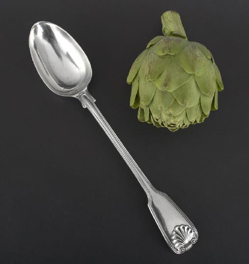 Victorian Sterling Silver Platter Spoon: Victorian Sterling Silver Platter Spoon, hallmarked London, 1853-1854, by George William Adams, in the traditional "Fiddle, Thread and Shell" pattern, with "diamond" heel, l. 12-1/2", 6.97 t. oz.