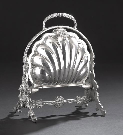 George VI Silverplate Folding Biscuit Box: George VI Silverplate Folding Biscuit Box, second quarter 20th century, the lobed halves opening by means of a pair of addorsed coquille tabs to reveal the plain conforming covers, the frame with U-sh