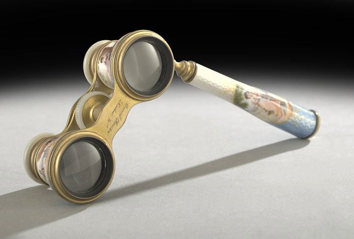 Pair of Painted and Enameled French Opera Glasses: Rare Pair of Painted and Enameled French Opera Glasses, fourth quarter 19th century, having mother-of-pearl bezels and fitted with a painted and enameled handle, the gilt-brass frame engraved "Stewart