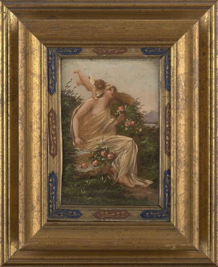 French School (First Quarter, 20th Century): French School (First Quarter, 20th Century) "Allegory of Spring", oil on board, unsigned, 5-1/2" x 3-3/4". Presented in a giltwood and stenciled frame.