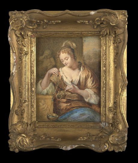 Italian School (18th Century): Italian School (18th Century) "Allegory of Vanity", watercolor on paper, unsigned, 7" x 5-1/2". Glazed and presented in a Rococo style giltwood and gesso frame.