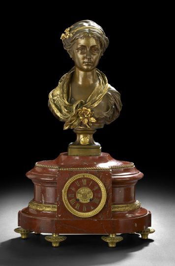 French Bronze and Marble Mantel Clock: Good French Third Republic Bronze and Marble Mantel Clock, fourth quarter 19th century, H. Houdelin, Paris, the bronze after Jean-Louis Gregoire (French, 1840-1890), the mechanism by Japy Freres, Pari