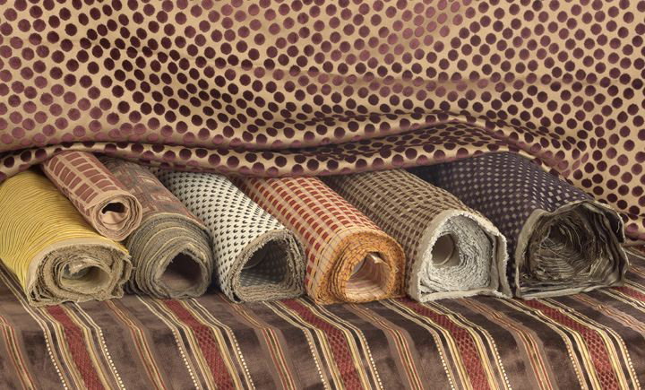 9 Rolls of Stroheim & Roman and Other Cut Velvets: Nine Rolls of Stroheim and Roman, Lee Jofa, Clarence House and Other Assorted Cut Velvet Fabrics, including a silk blend G.P. & J. Baker "Rigoletto" cut velvet in burgundy and camel, w. 54", l. 1-1/4 