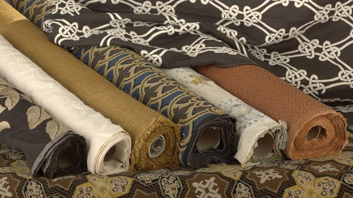 8 Rolls of Bergamo, Colefax and Other Fabrics: Eight Rolls of Bergamo, Colefax and Fowler, Manuel DeLorca and Other Assorted Fabrics, including a silk and linen blend vine and leaf lampas in black and camel, w. 57", l. 5-3/4 yds., pattern repeat 2