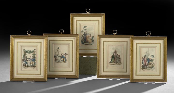 Claude-Joseph Pomel (French, 1781-1839): Claude-Joseph Pomel (French, 1781-1839) suite of five color engravings, depicting men at various gentlemanly pursuits, sight 3-1/4" x 2". All glazed, French-matted and presented in molded giltwood fra