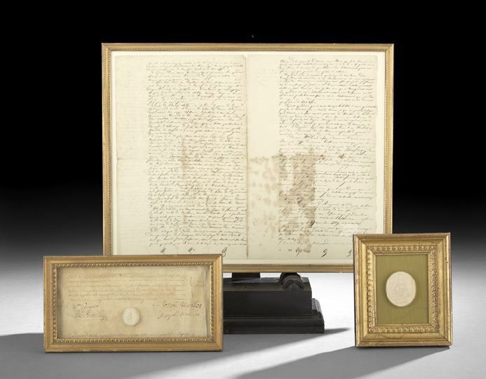 Early Ephemera and Grand Tour Souvenirs: Early Ephemera and Grand Tour Souvenirs, 18th/19th century, comprised of an 18th century receipt on vellum with an attached Italian plaster Grand Tour intaglio, h. 7", w. 6", an Italian 19th century G