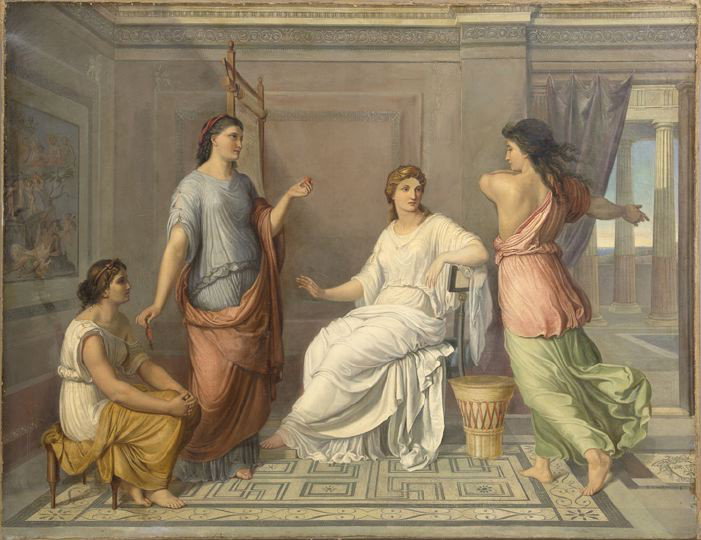 Manner of Angelica Kauffmann (Swiss, 1741-1807): Manner of Angelica Kauffmann (Swiss, 1741-1807) "Classical Interior Scene with Four Women", oil on canvas, bearing a signature lower right "A. Kauffmann", 38" x 50". Presented in a Rococo style giltwo