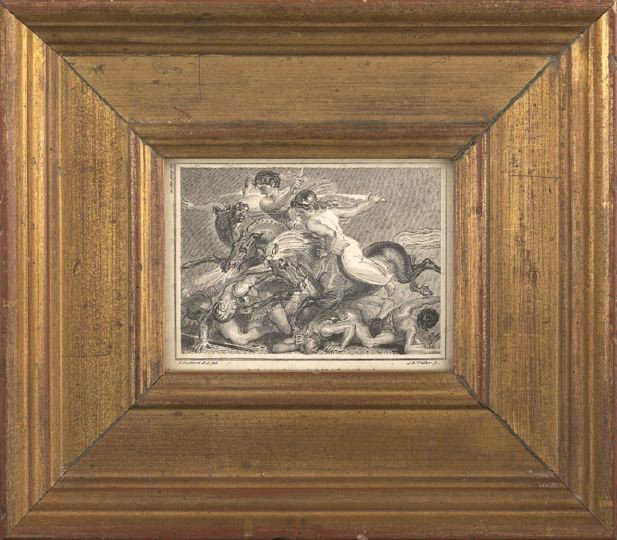British 19th Century Engraving of a Battle: British 19th Century Engraving of an Ancient Battle, after Thomas Stothard (British, 1755-1834), engraved by L.G. Walker, published 1801 by Cadell & Davis Strand, sight 3" x 3-3/4". Presented in a mol