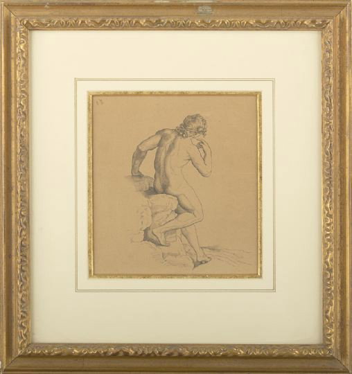Continental School (19th Century): Continental School (19th Century) "Seated Apollo", pen on paper, sight 6-1/2" x 6-1/4". Glazed, attractively matted and framed. Provenance: Goudeau Antiques, Baton Rouge, Louisiana.