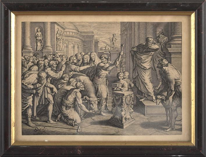 After Raphael (Italian, 1483-1520): After Raphael (Italian, 1483-1520) "The Sacrifice at Lysta", black and white engraving by Sir Nicholas Dorigny (British, 1658-1746), sight 5" x 7". Glazed and framed.