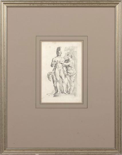 Jan de Bisschop (Dutch, 1628-1671): Jan de Bisschop (Dutch, 1628-1671) suite of four engravings after various artists, all bearing Bisschop's monogram in plate "J.E.F.", sight 11" x 6-3/4". All glazed, handsomely French matted and prese