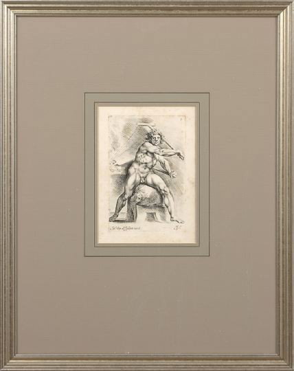 After Juan Arnau (Spanish, 1595-ca. 1683): After Juan Arnau (Spanish, 1595-ca. 1683) a trio of vertical framed engravings of figures after the Antique, second quarter 17th century, of a nude male athlete carrying a baton; a seated male nude wi