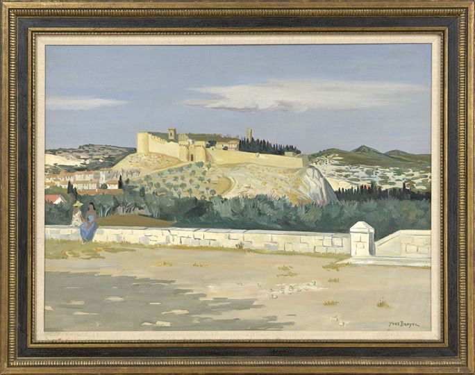 Yves Brayer (French, 1907-1990): Yves Brayer (French, 1907-1990) "Le Fort de Villeneuve-les-Avignon", oil on canvas, 1958, signed lower right "Yves Brayer", titled and dated on canvas verso, 24" x 32". Presented in a ebonized and par