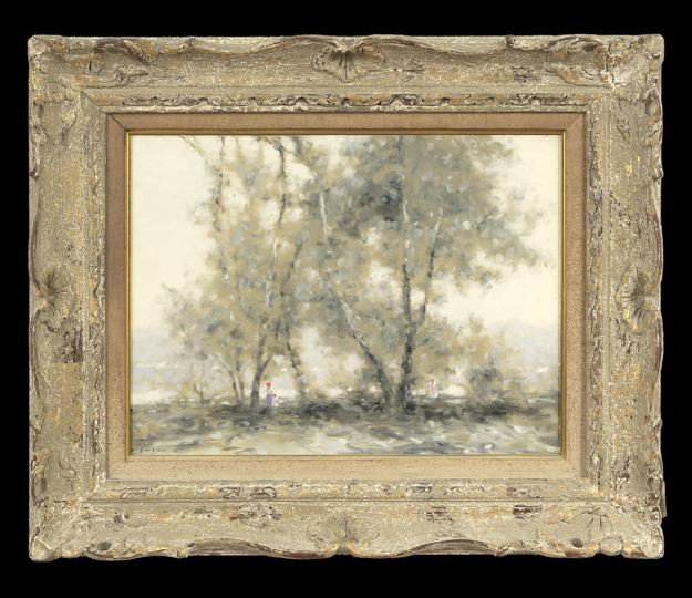 Andre (Gittelson) Gisson (French, 1921-2003): Andre (Gittelson) Gisson (French, 1921-2003) "Two Women and a Child in a Landscape", oil on canvas, signed lower left "Gisson", 12" x 16". Presented in a Louis XV style polychrome frame with a linen l