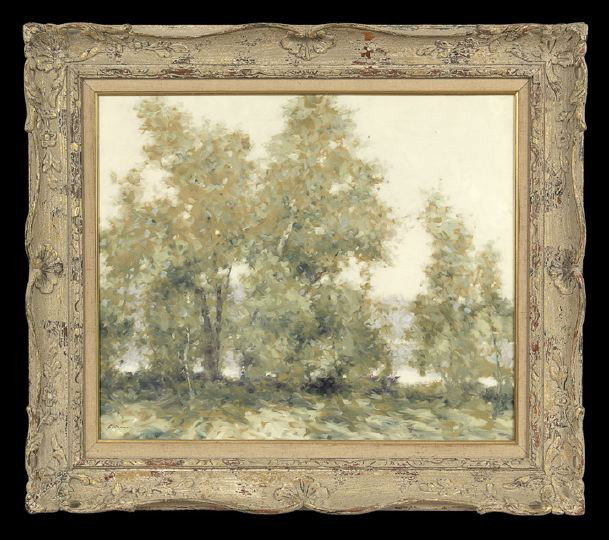 Andre (Gittelson) Gisson (French, 1921-2003): Andre (Gittelson) Gisson (French, 1921-2003) "Figures in a Summer Landscape", oil on canvas, signed lower right "Gisson", 19-3/4" x 24". Presented in a Louis XV style polychrome frame with a linen lin
