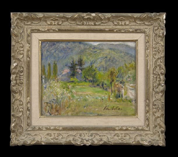 Joseph Lamberton (French, 1867-1943): Joseph Lamberton (French, 1867-1943) "Mountainous Spring Landscape", oil on board, signed lower right "Lamberton", reverse pencil inscribed "J. Lamberton No. 13" and stamped "La Boutique D'Art ,Nice",