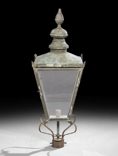 English Traditional-Style Copper Street Lantern: English Traditional-Style Copper Street Lantern, mid-20th century, labeled, "Foster & Pullen, Limited, Avil Works, Bradford", the tapered lantern with molded corner trim and a domed top with an acorn-
