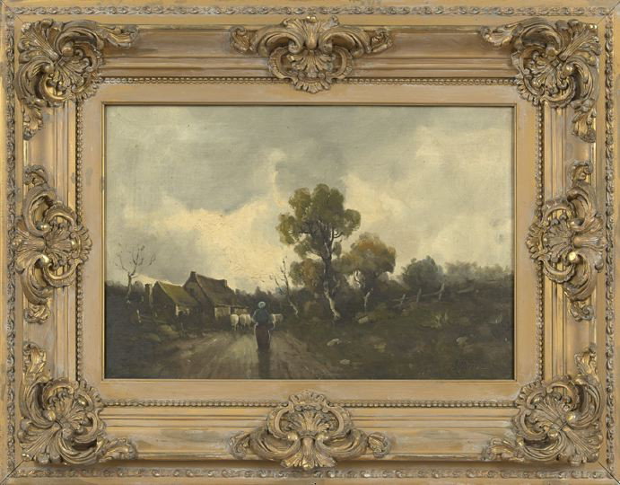 Continental School (Fourth Quarter 19th Century): Continental School (Fourth Quarter 19th Century) "Figure on a Village Road Herding Sheep', oil on canvas, signed lower right 'Anton", 12" x 18". Presented in a Rococo style frame.