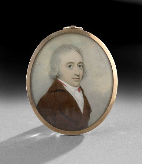 English School Portrait Miniature on Ivory: English School Portrait Miniature on Ivory, fourth quarter 18th century, the gentleman depicted in a brown waist coat with a red ribbon on his neck, mounted in a gold locket backed with woven hair, ov