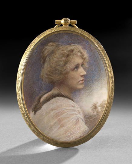 British Oval Miniature in a Gilded Locket: Fin de Ciecle British Oval Portrait Miniature in a Gilded Locket, signed, "Stella", purportedly of Dorothy Eliott Shaffner (1889-1968), shown wearing pearls and a fur collar, the locket in its origina