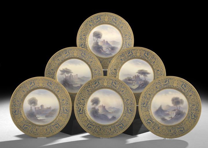 Six Royal Worcester Richly Gilded Dinner Plates: Set of Six Royal Worcester Richly Gilded Porcelain Dinner Plates, painted by the celebrated William Rushton, first quarter 20th century, each with a different English landscape view signed by Rushton,