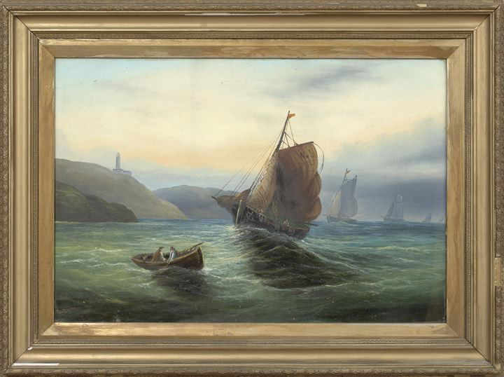 British School (Fourth Quarter 19th Century): British School (Fourth Quarter 19th Century) "Fishing Vessels on a Choppy Sea", gouache on paper, signed lower left "D. Bates", sight 18" x 27-1/2". Glazed and framed.
