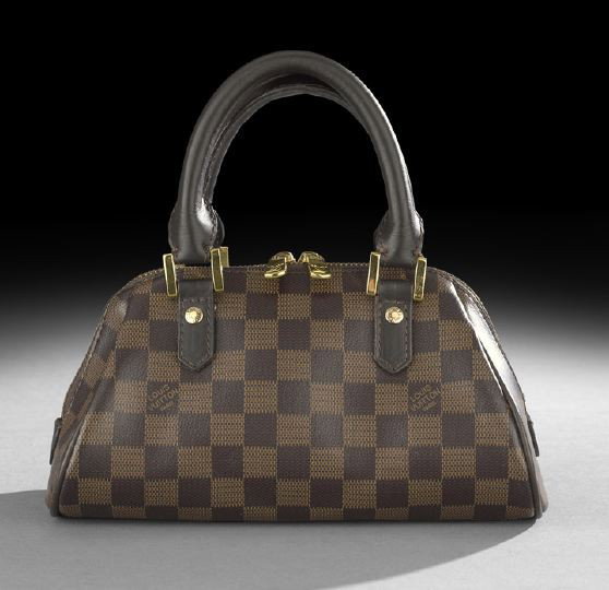 Louis Vuitton Mini "Ribera" Damier Ebene Handbag: Louis Vuitton, Paris, Mini "Ribera" Damier Ebene Canvas and Chocolate Brown Leather Handbag, the interior lined with red sueded deerskin, the brown leather identification tag intact, one side with a s
