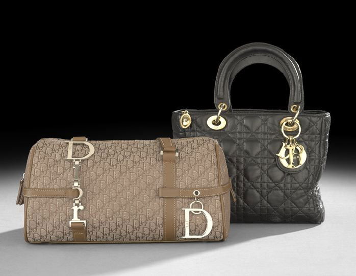 Two Christian Dior, Paris, Bags: Two Christian Dior, Paris, Bags, the first example a black "Cannage"-quilted lambskin "Lady Dior" handbag, the handles and gold "D.I.O.R." letters suspended from gold rings, the red logo fabric-lined
