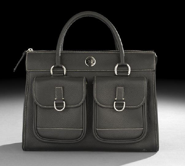 Dooney and Bourke Leather Double Pocket Tote: Dooney and Bourke White-Stitched Black Pebble Grain Leather Double Pocket Tote, the front with a circular black and silver metal label above two gusseted flap pockets with magnetic closures, both side