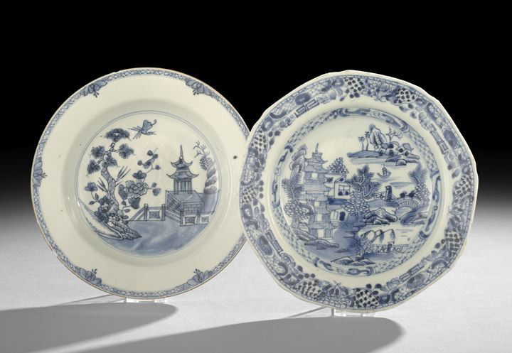Two Chinese Blue-and-White Porcelain Soup Bowls: Two Chinese Blue-and-White Porcelain Export Soup Bowls, 19th century, each of deep form with flattened rims, decorated in underglaze blue with garden and lakeside landscape scenes, dia. 9".