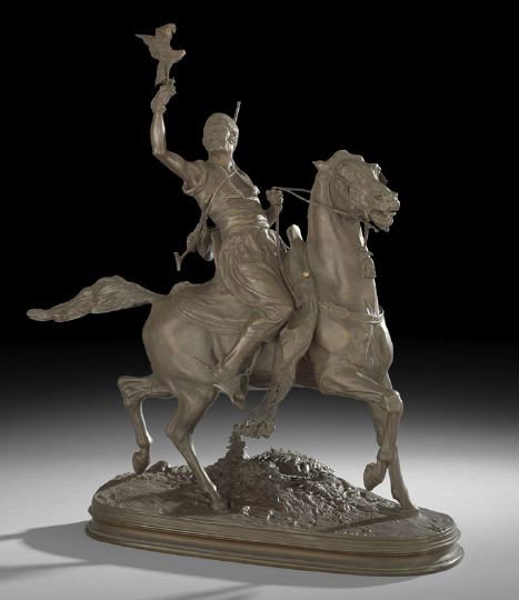 Pierre Jules Mene (French, 1810-1879): Pierre Jules Mene (French, 1810-1879), "The Arab Falconer" patinated bronze group, signed in the base "P.J. Mene" and the backside touchmarked "701", h. 30", w. 29", d. 10".