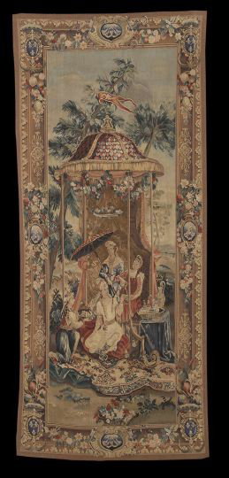 French Aubusson Tapestry: French Aubusson Tapestry, 20th century, depicting an exotic orientalist garden pavillion, h. 97", w. 43".