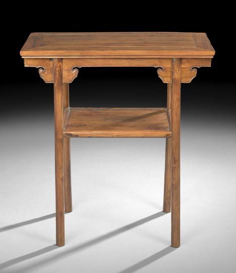 Chinese Hardwood Altar Table: Chinese Hardwood Altar Table, the banded rectangular top above a shaped apron, joined by columnar supports to a dished lower shelf, raised on circular legs, h. 28-3/4", w. 28", d. 14-3/4".