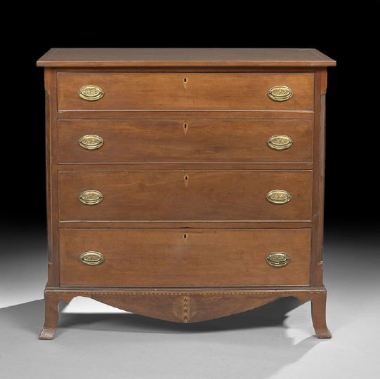 American Federal Marquetry Inlaid Cherry Chest: American Federal Marquetry Inlaid Cherry Chest, c. 1800, probably Eastern Kentucky or Tennessee, the top inlaid with stringing and dovetailed to the case, the case with four cock-beaded graduated draw