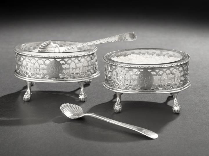Assembled Philadelphia Coin Silver Salt Set: Assembled Philadelphia Coin (.900) Silver Salt Set, second quarter 19th century and earlier, including a pair of salt cellars by Conrad Bard & Robert Lamont, active 1841-1845, of oval form with pierce