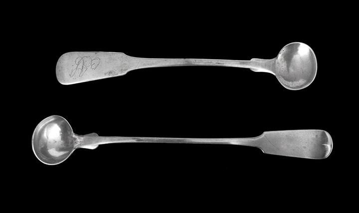 Two American Coin (.900) Silver Mustard Spoons: Two American Coin (.900) Silver Mustard Spoons, mid-19th century, both in the "Fiddle" pattern, including an "up-tipt" example by Hall, Hewson & Brower, New York City, New York, retailed by Henderson 