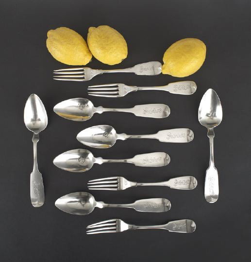 Set of Gulf South-Retailed Silver Flatware: Assembled Set of Gulf South-Retailed Sterling Silver Flatware, third quarter 19th century, in the traditional "Up-Tipt Fiddle" pattern, including four forks by Polhamus & Strong, New York City, New Yo