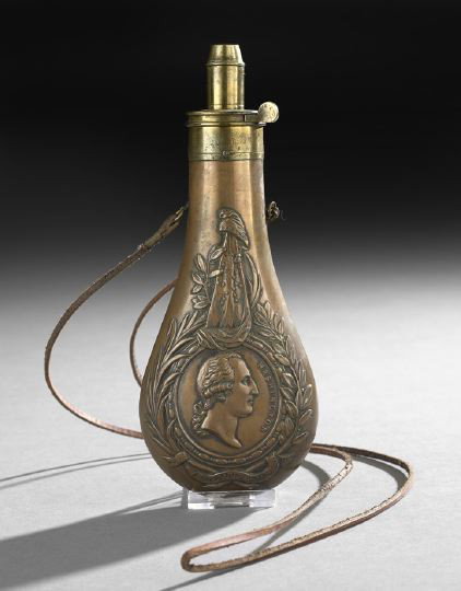 Early American Embossed Copper Powder Flask: Early American Embossed Copper Powder Flask, early 19th century, each side depicting an embossed profile portrait of George Washington with a wreath surround and the draping of an American flag with t