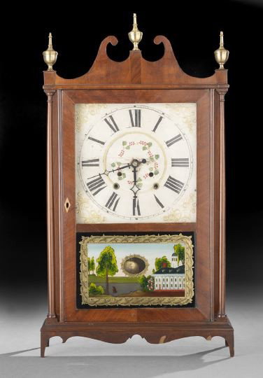 Eli Terry & Sons Pillar and Scroll Shelf Clock: Eli Terry and Sons Eglomise and Mahogany Connecticut Pillar and Scroll Shelf Clock, early 19th century, with broken arch pediment, painted dial flanked by turned columns, on delicate bracket feet, h. 