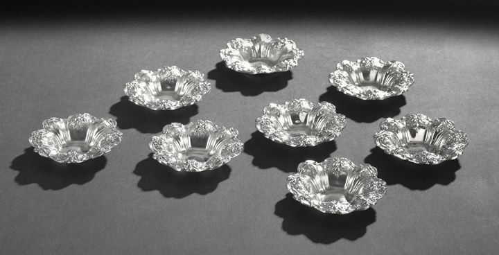 Eight "Francis I" Sterling Silver Nut Dishes: Eight Reed & Barton "Francis I" Sterling Silver Nut Dishes, the pattern designed in 1907 by Ernest Meyers, Taunton, Massachusetts, one monogrammed "E", dia. 3-3/8", 12.86 total t. oz.